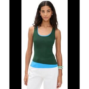 STAUD Top Womens L Green Blue Jungle Sky Hermosa Tank Scoop Neck Fitted